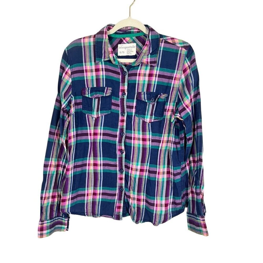 Aeropostale Plaid Shirt XL Blue‎ Y2K Preppy Checks Festive Country Concert Farm